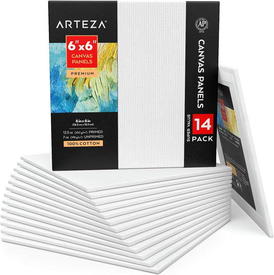 ARTEZA Canvas Panels for Painting, 14 x 6 x 6 Inches, 100% Cotton, Gesso-Primed, Lightweight, Nontoxic, Acid-Free, for Adults and Teens, Oil and Acrylic Painting, Pack of 14