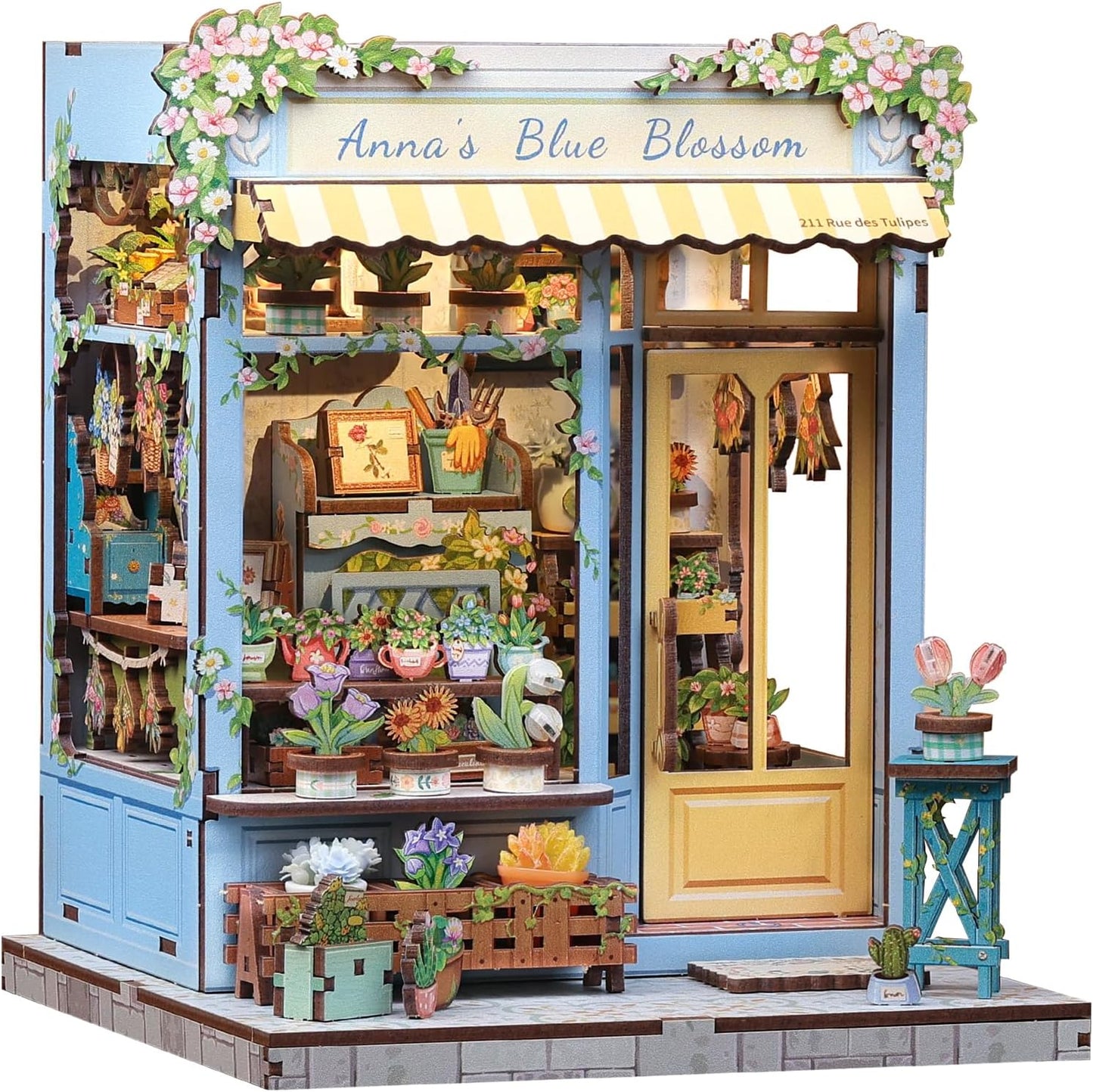 Fsolis Book Nook Kit - DIY Scene Miniature Dollhouse Kit for Adults, Bookshelf 3D Puzzles 255PCS, Tiny House Mini Flower Shop Model Booknook Craft, Gifts for Women Puzzle Lovers (Anna's Blue Blossom)