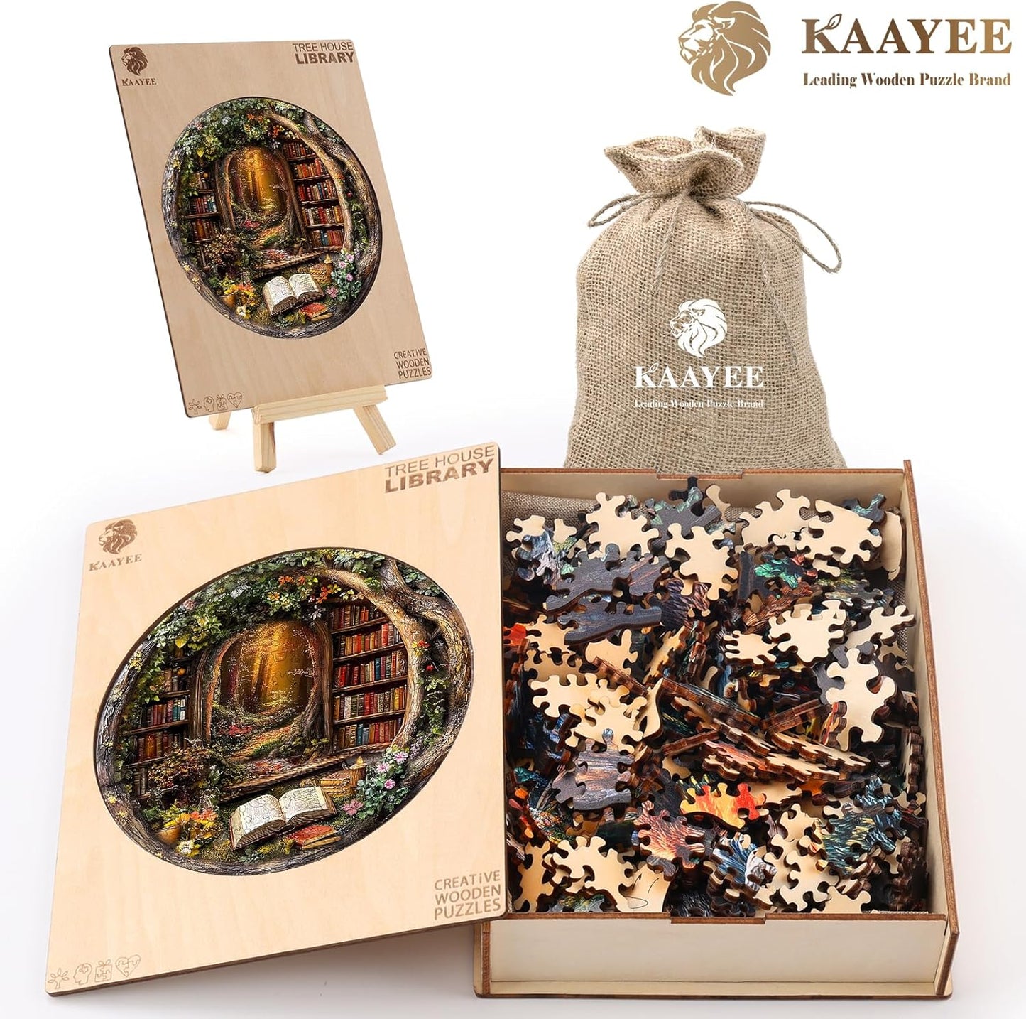 KAAYEE Wooden Puzzles for Adults, 3D Visual Effect Tree House Library Wooden Jigsaw Puzzle Unique Shape Wood Puzzle Adult, 3D Effect Flat Puzzle Birthday Family Games (L-13.4 * 13.4 in-295pcs)