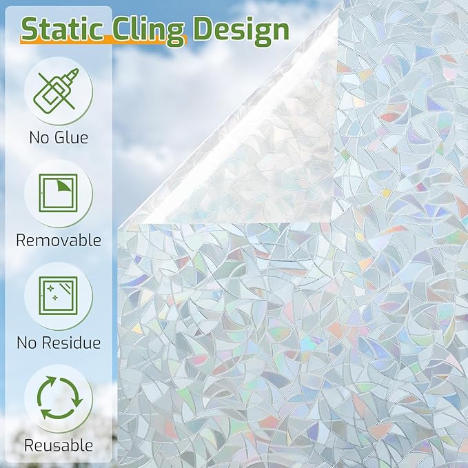 LUTE Window Privacy Film, Rainbow Window Flim, 3D Decorative Stained Glass Cling, Non-Adhesive Vinyl Static Cling UV Blocking Heat Control One Way Glass Covering for Home, Silver, 35.4 x 157.4 inches