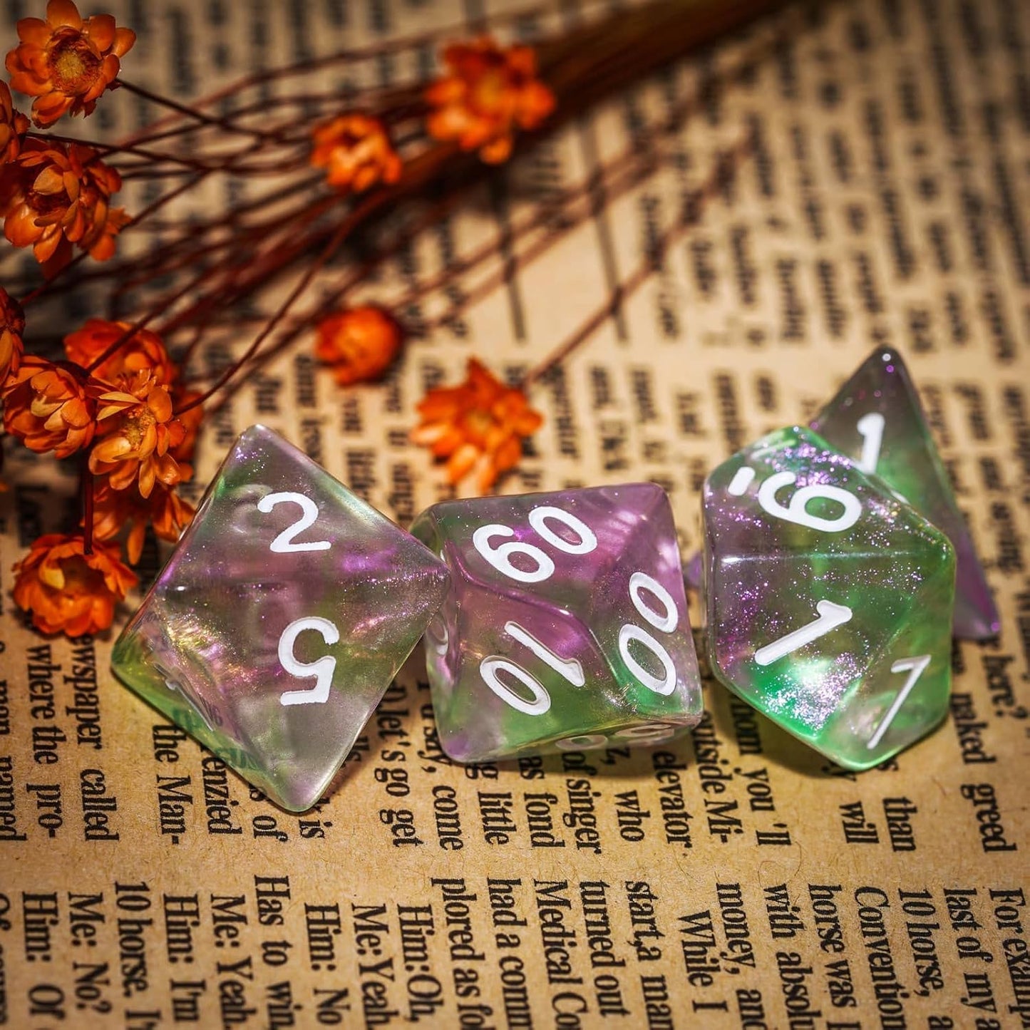 7-Die DND Dice Set Polyhedral Dice Set with a Leather Dice Bag, D&D Dice Set for Dungeons and Dragons, RPG Table Games (Green Pink/Glitter)