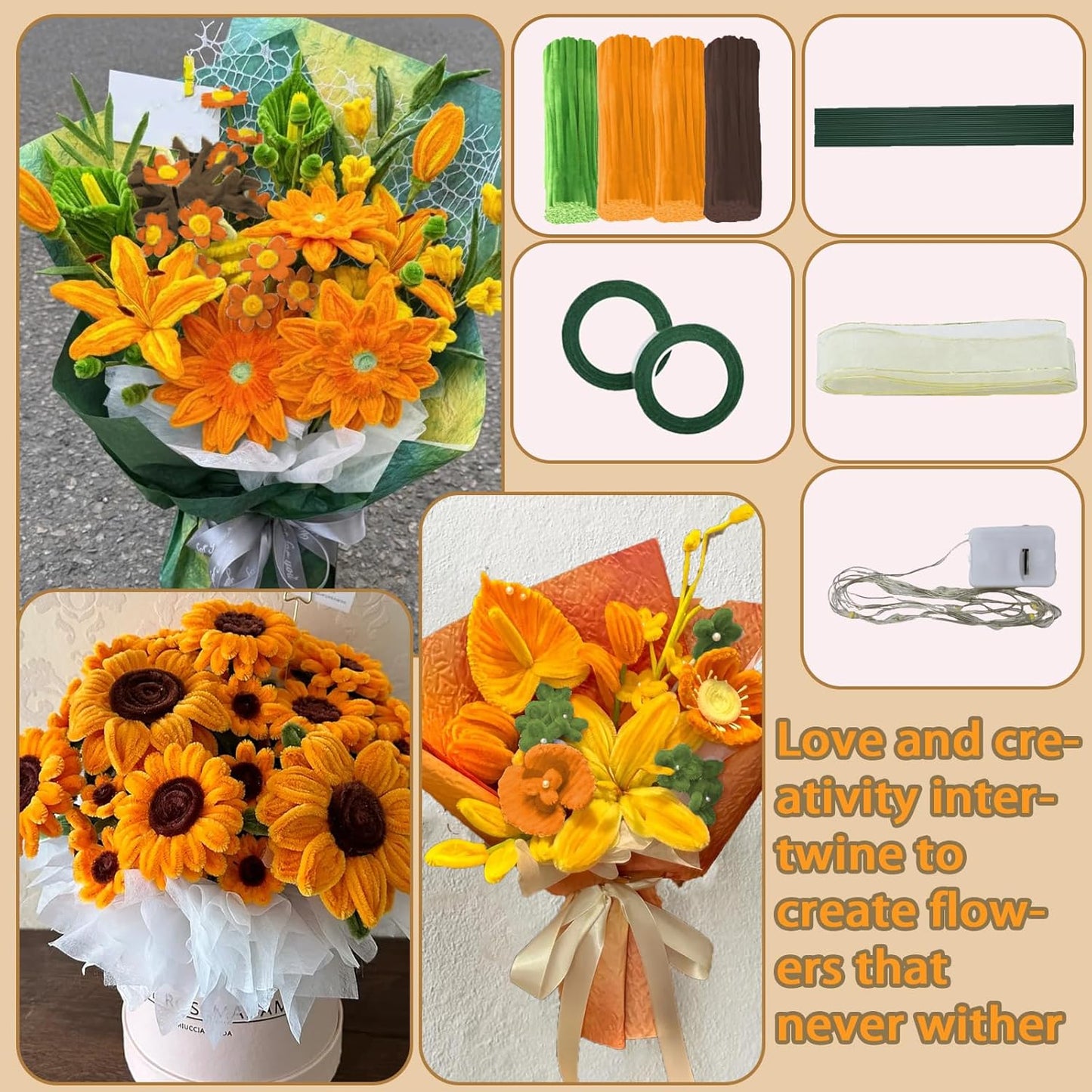 LOLEDE 400Pcs Pipe Cleaners Craft Kit, 3 Colors Chenille Stems for DIY Artificial Flower Making with Floral Wires, Gardening Tape, LED String Lights, Pearl Beads & Ribbon (Yellow)