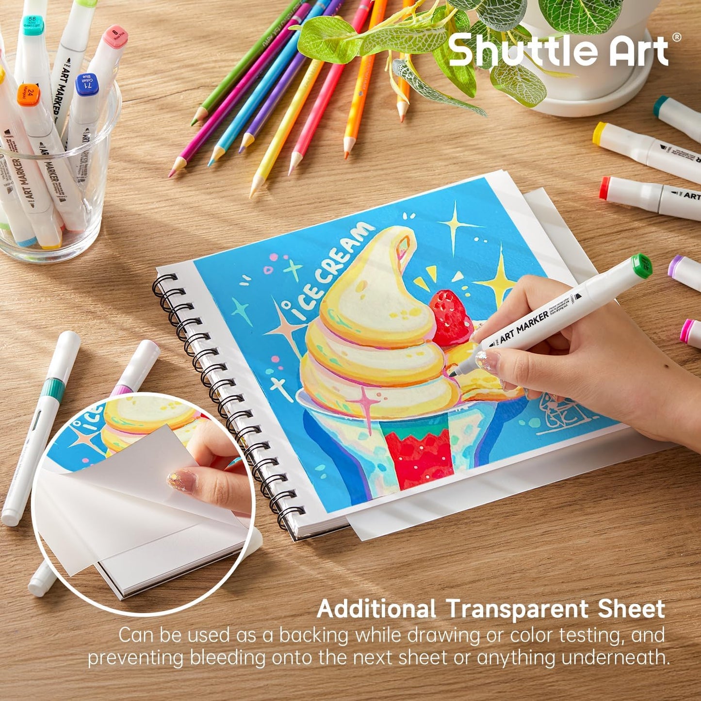Shuttle Art Marker Pad, 8.9”x8.3” Portable Sketchbook, 40 Sheets Marker Drawing Paper, 110LB/180GSM Smooth Surface Bleedproof Art Paper, Spiral-Bound, Great for Beginners to Draw, Paint & Sketch