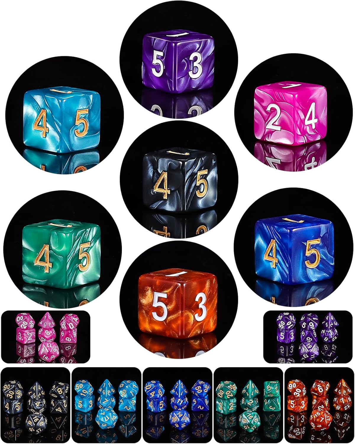 QMay Polyhedral Dice Set - 7 x 7 (49 Pieces) DND Dice with 7PCS Black Drawstring Bags Great for Dungeons and Dragons, RPG, MTG,Role Playing Table Games D4 D6 D8 D10 D% D12 D20