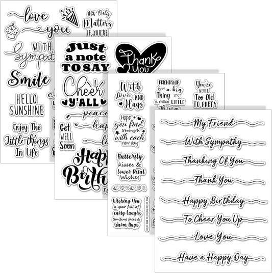 Whaline 4 Sheets Sentiment Words Clear Stamps Greeting Words Happy Birthday Silicone Transparent Stamps for DIY Craft Card Making Scrapbooking Embossing Album Decor