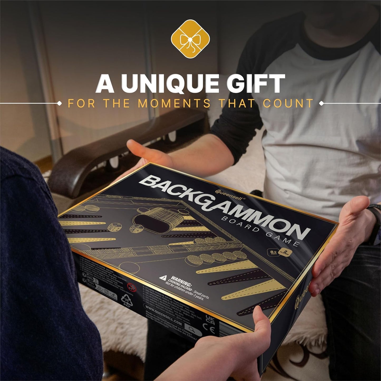 Backgammon Sets for Adults – 15-Inch Black PU Leather Board Game Set – Classic 2-Player Travel Backgammon Set with 32 Playing Pieces, Dice, and Cups