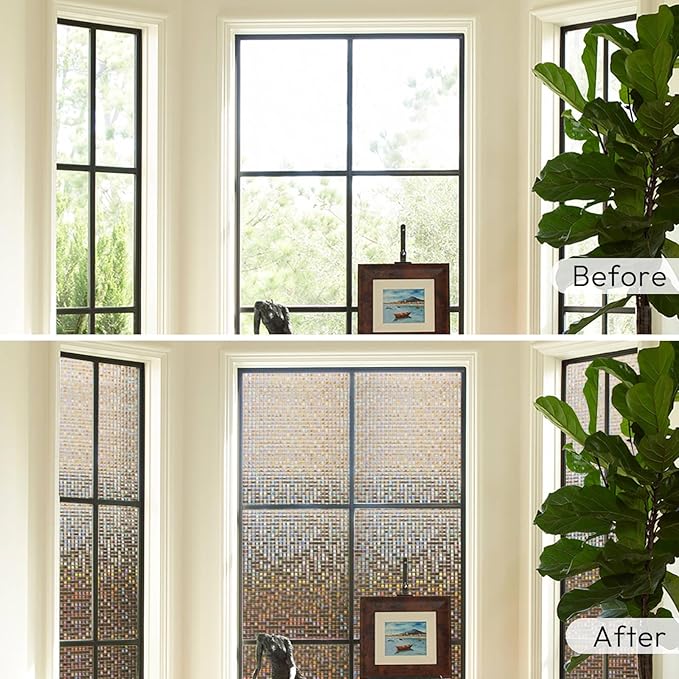 rabbitgoo Window Privacy Film Stained Glass Window Film, Mosaic Rainbow Decorative Glass Cling, Removable Static Cling Tint, Non-Adhesive Privacy Covering for Home, Brown, 11.8 x 78.7 inches