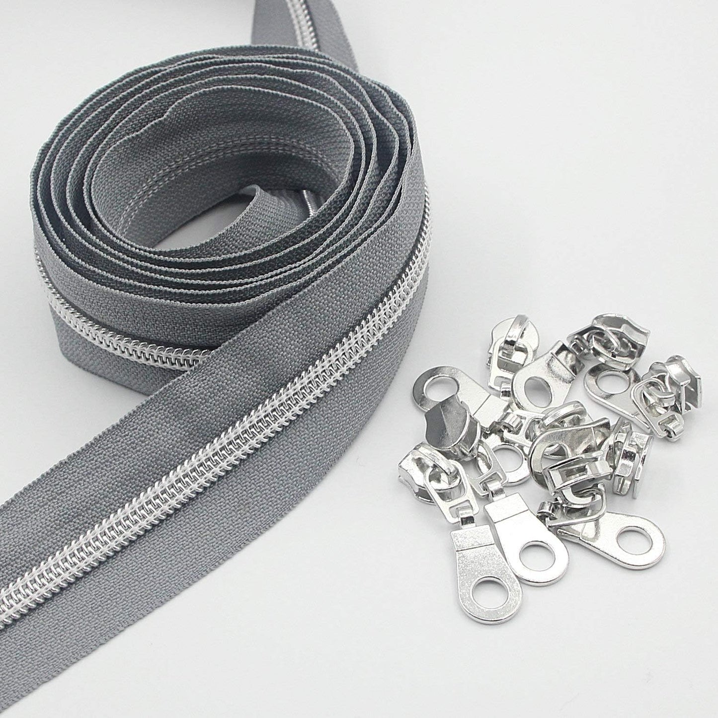 Leekayer #5 Metallic Silver Nylon Coil Zippers by The Yard Bulk 10 Yards Grey Tape with 25pcs Silver Sliders for DIY Sewing Tailor Craft Bag(Grey)