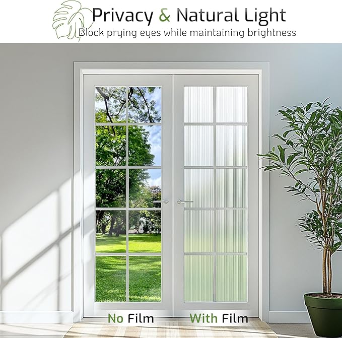 LUTE Reeded Glass Window Privacy Film, Frosted Glass Film, Removable 3D Decorative Decals Sun Blocking Anti UV Door Window Cover, No Glue Static Cling Vinyl for Bathroom Home Office, 35.4" x 157.4"