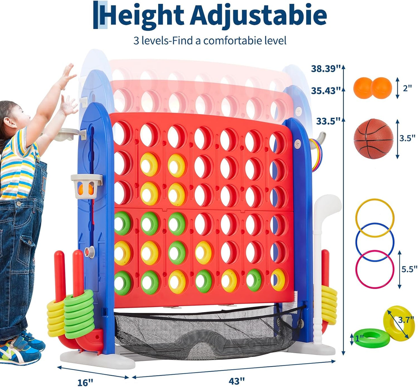 Giant 4 in a Row Game,Adjustable Height Board Jumbo 4-in-a-Row Game with Quick-Release Slider,Mini Basketball,Golf & Ring Toss Set for Family Party, Outdoor & Indoor