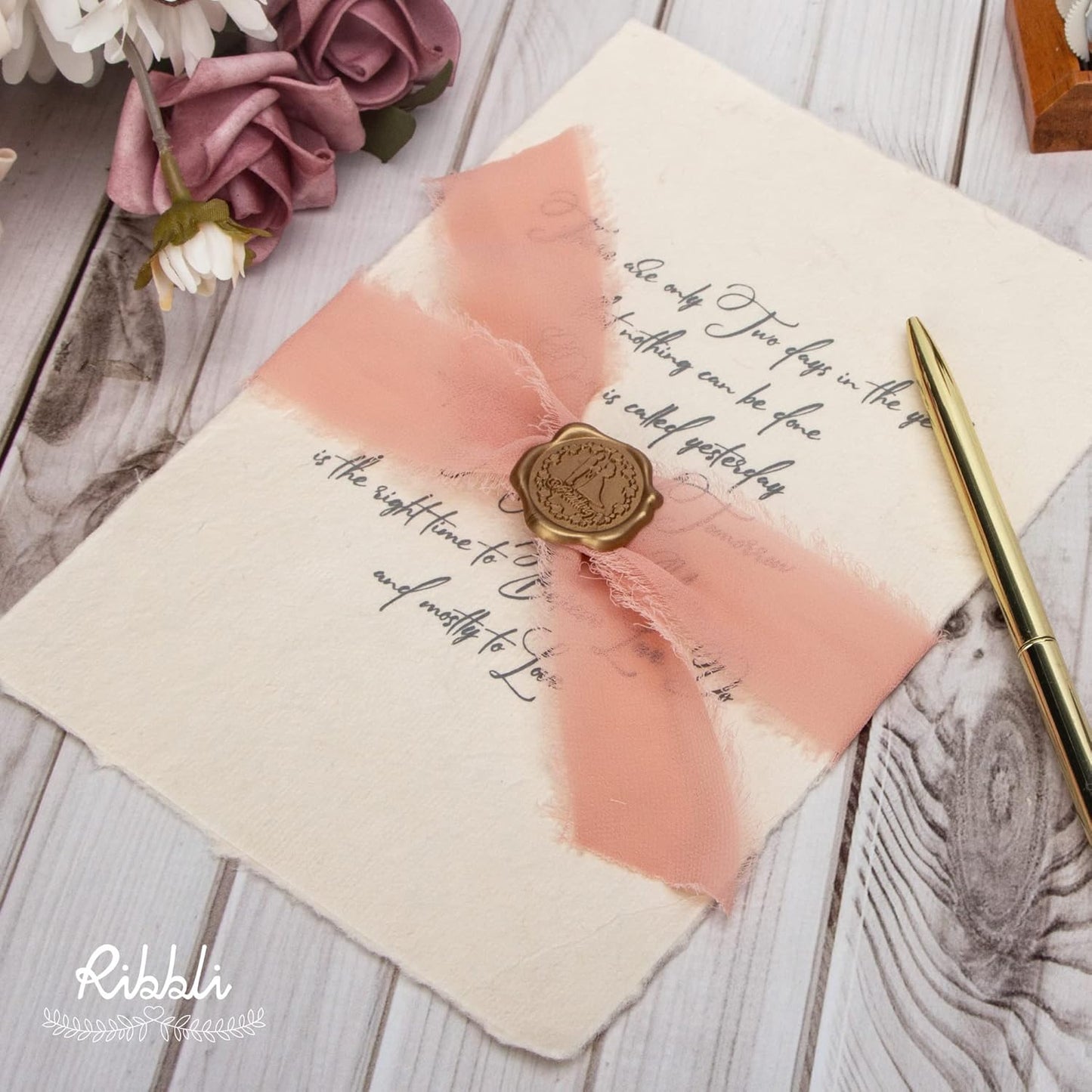 Ribbli Dusty Pink Chiffon Ribbon 1-1/2 inch x 20 Yard Handmade Fringe Chiffon Silk Ribbon for Wedding Invitations, Bridal Bouquets Wrapping, Flower Arrangement Decoration