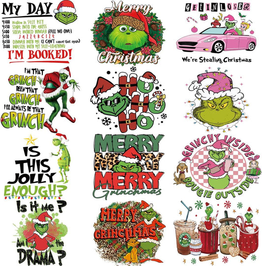 Christmas Iron on Decals Transfer, Funny Christmas Heat Transfer Stickers Iron on Patches for Clothes T-Shirts Pillow Cover Hoody Bag Xmas DIY Craft Supplies Vinyl Stickers (12PC-A)