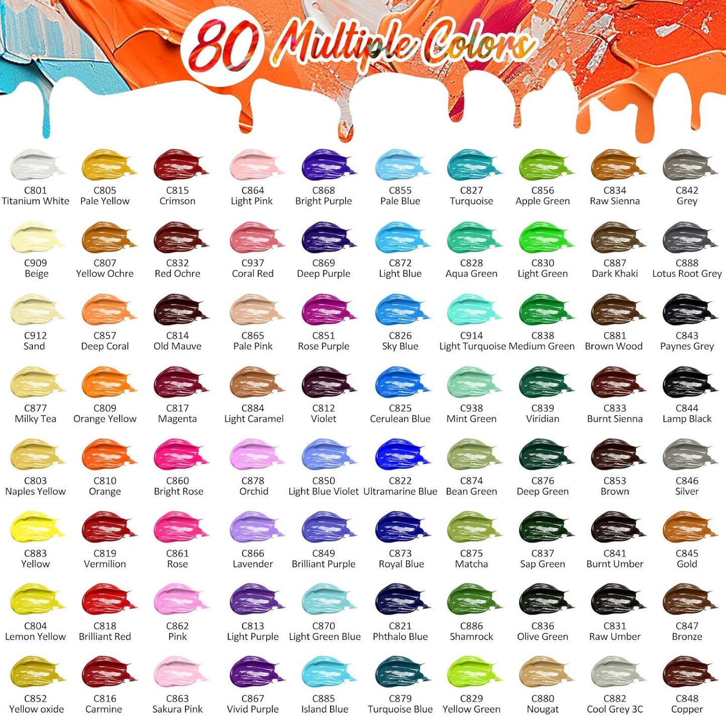 Caliart Acrylic Paint Set, 80 Colors (2oz/Bottle) with 12 Brushes, Art Craft Paints for Adults Artists Beginners Painters, Canvas Halloween Pumpkin Ceramic Wood Fabric Rock Painting Supplies Kit