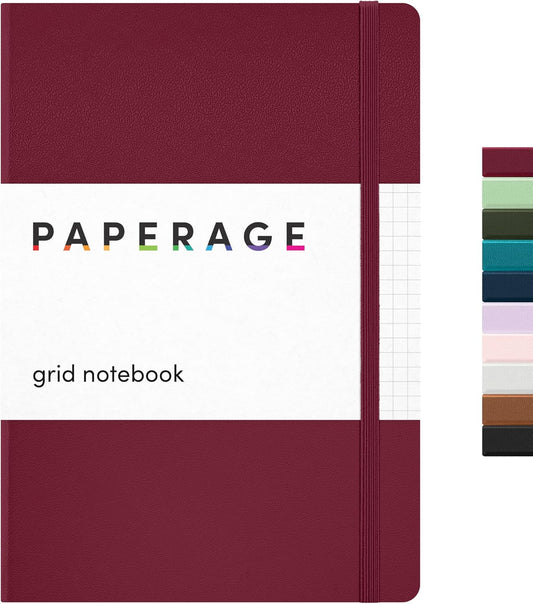 PAPERAGE Graph Paper Journal Notebook, (Burgundy), 160 Pages, Medium 5.6 in x 8 in - 100 GSM Thick Paper – Hardcover Grid Notebook for Work or School