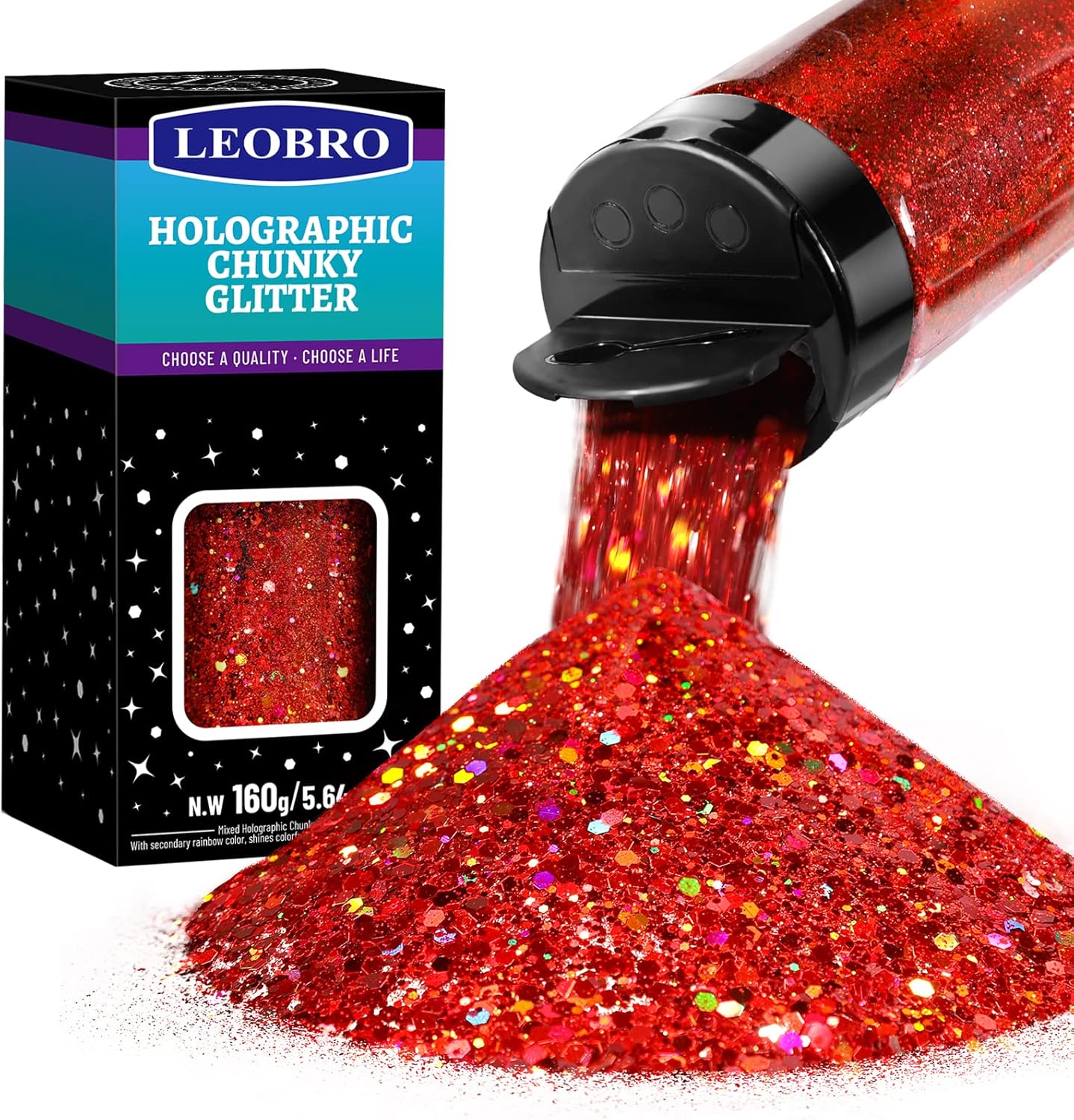 LEOBRO Red Glitter, 160g/5.64oz Holographic Chunky Glitter for Crafts, Resin, Nail Body, Tumblers, Party Decorations