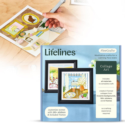 Lifelines FlowCrafts, Collage Art Kit - Miniature Framed Collages from 6 Scenic Backgrounds, 150+ Stickers & 2 Picture Frames - Sensory Arts & Crafts Kit for Teens & Adults - DIY Wall Décor
