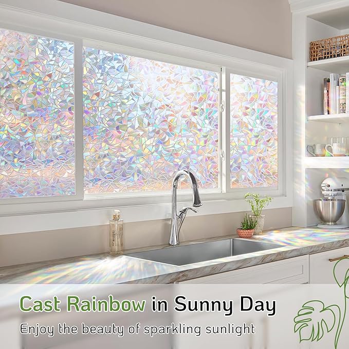 LUTE Window Privacy Film, Rainbow Window Film, 3D Decorative Stained Glass Cling, Non-Adhesive Vinyl Static Cling Removable Glass Stickers, Sun UV Blocking Decal Covering for Home, 23.6 x 118.1 inches