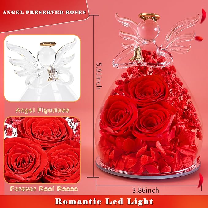 Beferr Valentines Day Rose Gifts for Her Women Mom Gifts for Birthday, Fresh Flowers for Delivery Forever Preserved Rose in Glass Angel Figurine, for Grandma Wife Daughter Girlfriend