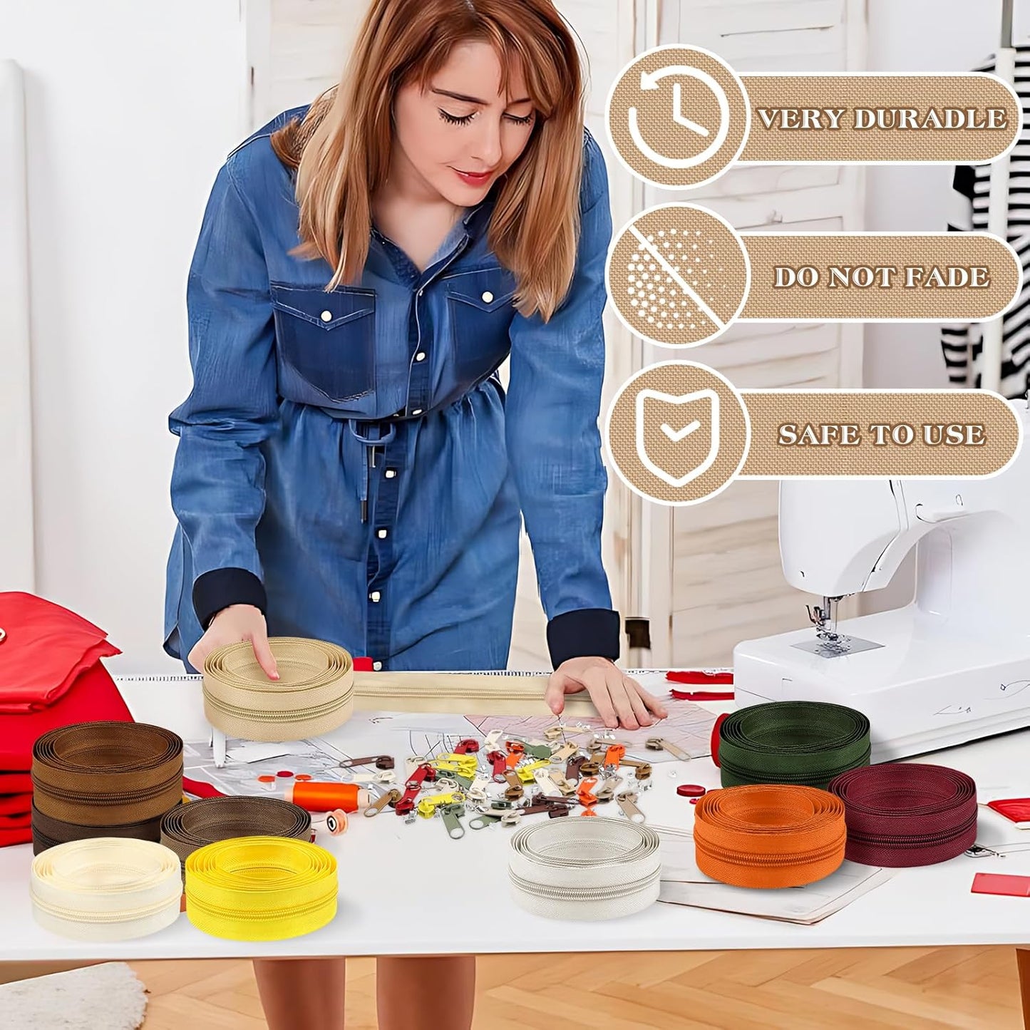 DOITEM 22.2 Yards/ 20 m 10 Pcs Assorted Colors #5 Nylon Coil Zippers, Sewing Zippers Endless Zips with 40 Pieces Zipper Sliders for DIY Sewing Tailor Craft Supplies