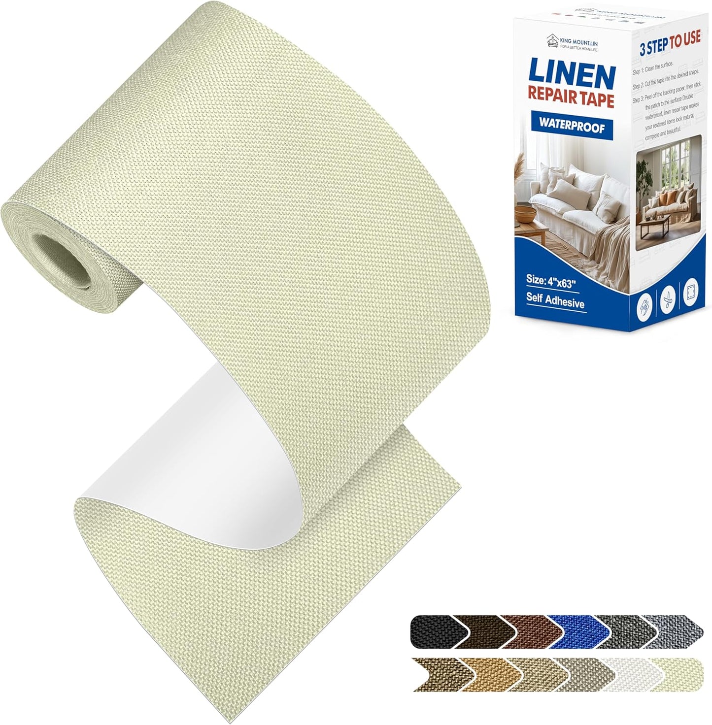 KING MOUNTAIN Linen Repair Patches, Self-Adhesive Linen Fabric Patches, 4 X 63 inch Extra Size, Multi Color, Can be Used for Linen Sofa Repair and Linen Clothes Repair (Beige2.0)