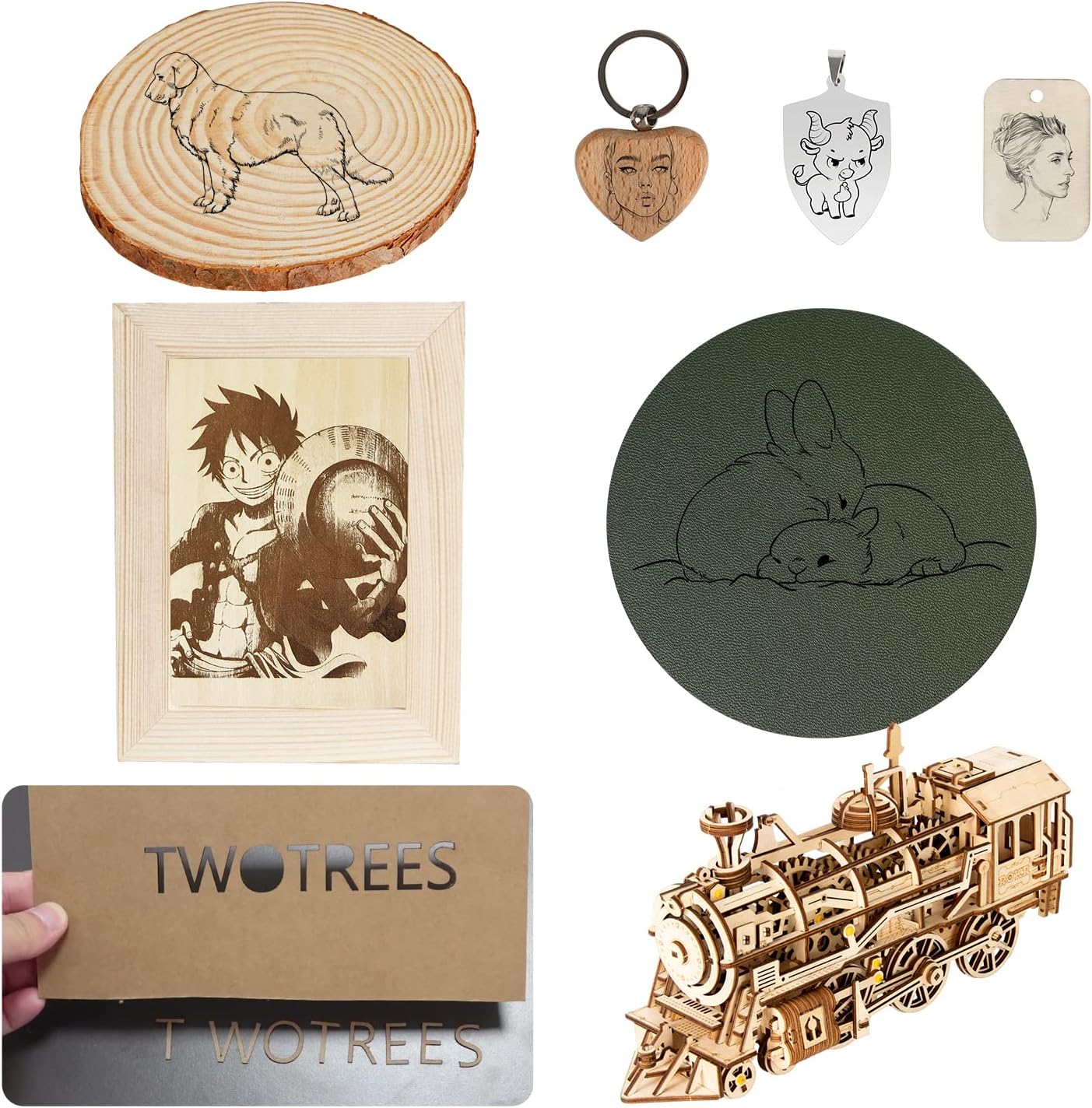 OUYZGIA Laser Engraving Material Box kit, 124 Pcs of DIY Materials for Laser Engraver with Metal Business Cards Wooden Cubes Plywood Dog Tags Photo Frames Keychains Hang Tags Leather Coasters