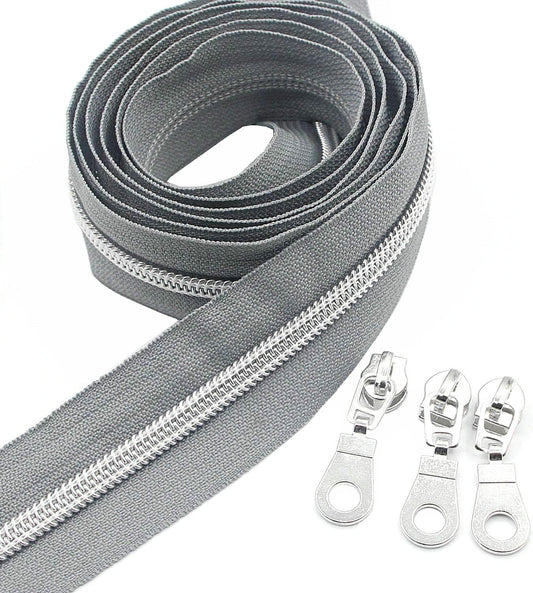 Leekayer #5 Metallic Silver Nylon Coil Zippers by The Yard Bulk 10 Yards Grey Tape with 25pcs Silver Sliders for DIY Sewing Tailor Craft Bag(Grey)