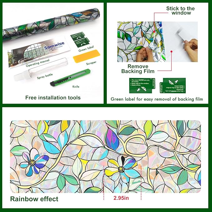 Window Privacy Film Home Room Bathroom Spring Decor Car Decorations One Way Privacy Window Clings Decals Tint Door Cover Rainbow Renter Friendly Stickers Static Cling Stained Glass Windows