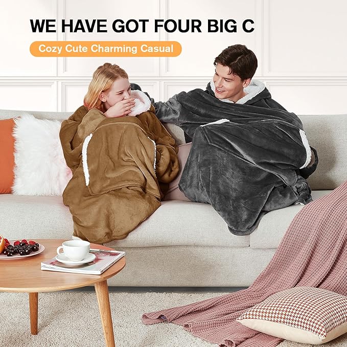 yescool Wearable Blanket Hoodie, Flannel Sherpa Fleece Blanket Sweatshirt for Adults Women Men,One Size Fits All