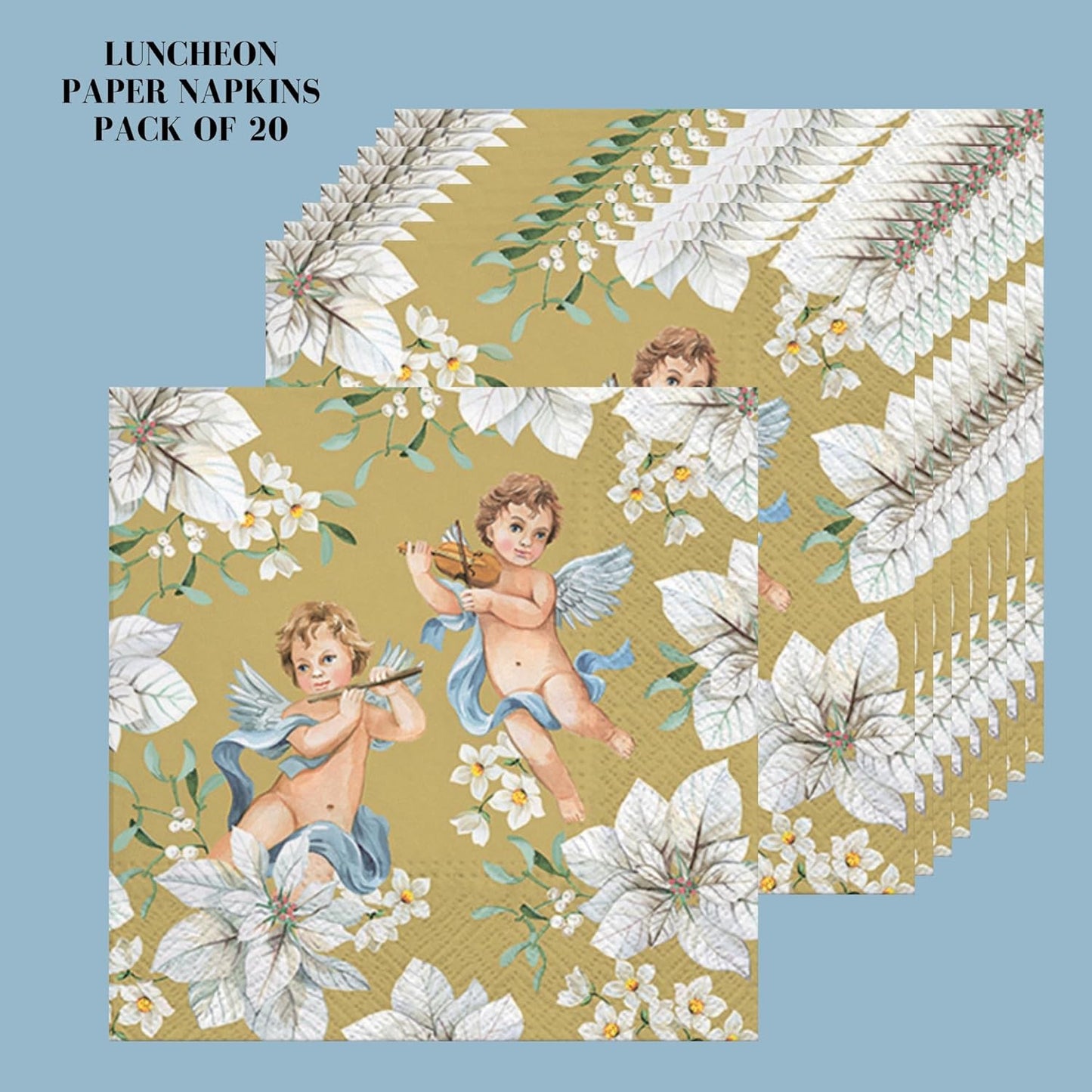 20-ct 13x13 Christmas Paper Decoupage Napkins, 3-Ply Servilletas Tissue Napkin for Dinner and Parties, Disposable Napkins (Angel Flower)