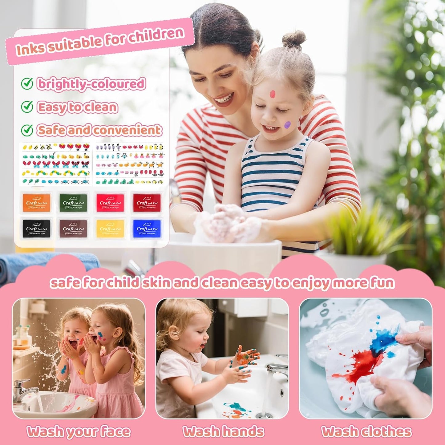 HAFFUZI Washable Stamp Pads for Kids, Ink Pads for Rubber Stamps, 8 Color Non-Toxic Craft Ink for Paper Fabric Wood, Journaling Scrapbooking Handprint Art