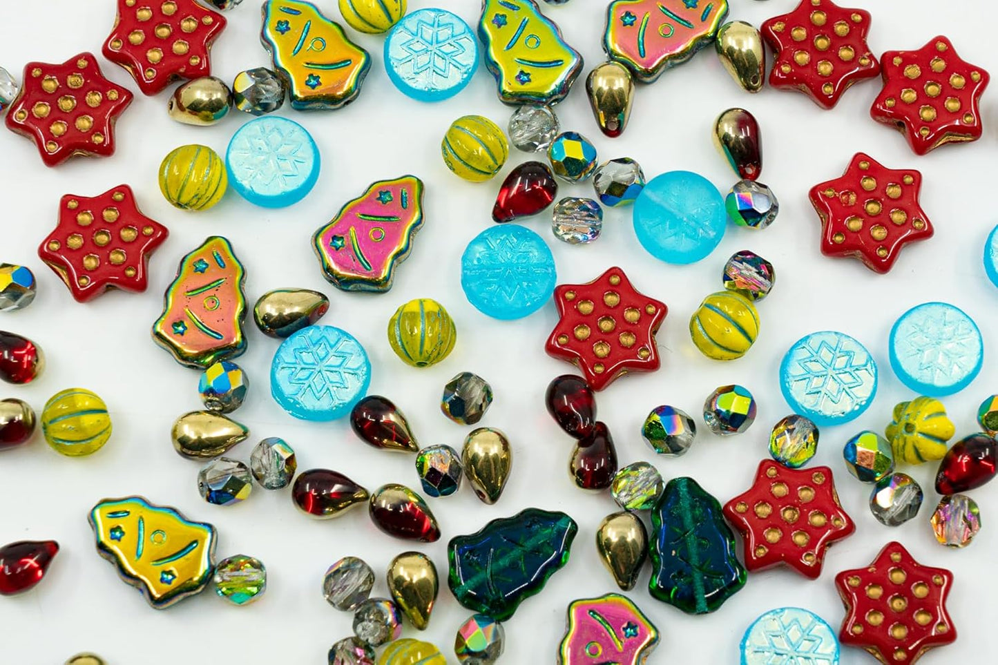 2.1oz (60g) of Christmas Czech Glass Bead Mix 2024 with Trees, Melons, Snowflakes and Faceted Beads, Dark Green Yellow Xmas