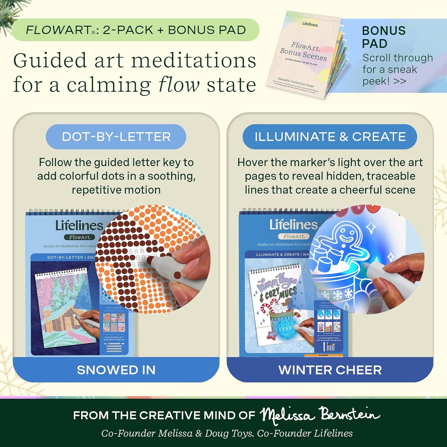 Lifelines FlowArt Activity Pad, 2-Pack Winter Set + Bonus Pad - Guided Art Meditations with Markers – Dot-by-Letter & Illuminate & Create - Coloring Books for Tweens, Adults & Seniors