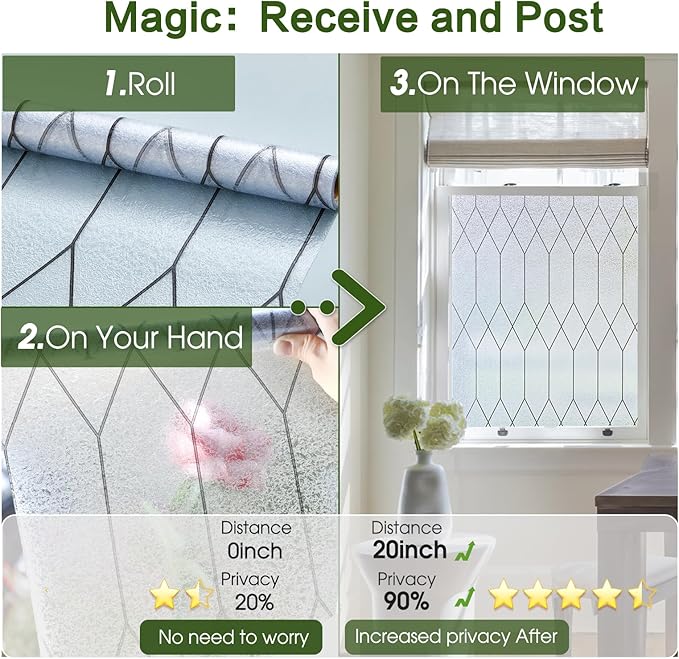 Windimiley Window Privacy Film Stained Glass Static Clings, Bathroom Frosted Leaded Decorative Window Stickers, UV Heat Blocking Opaque Removable for Home Door Coverings (35.4 x 78.7 in,Pure)