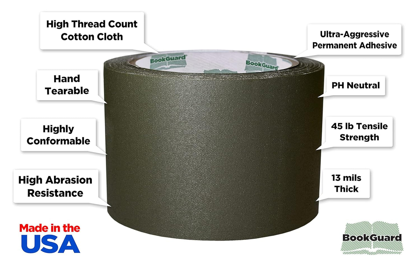 BookGuard 3 inch Premium Bookbinding Repair Cloth Tape, 15 Yard Roll, Olive