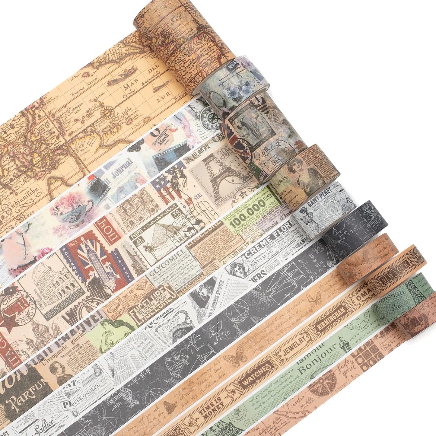 YUBX Vintage Washi Tape Set 10 Rolls Wide Decorative Antique Map Stamp Newspaper Masking Tapes for Arts, DIY Crafts, Journals, Planners, Scrapbook, Wrapping 9/16'', 13/16'', 1'', 1 3/4'', 2 3/8''
