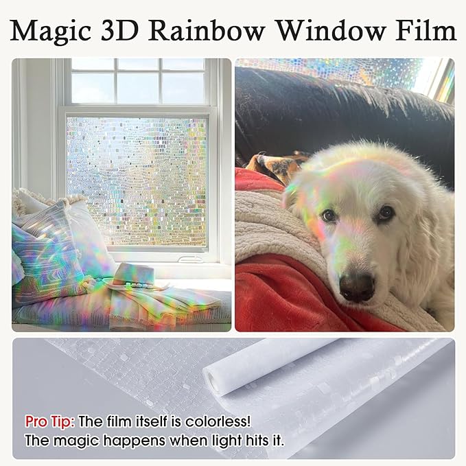 Windimiley Rainbow Window Privacy Film, 3D Stained Glass Christmas Decorative Window Clings, UV Heat Blocking Holographic Prism Stickers for Home(23.6 x 157.5In,Pure)