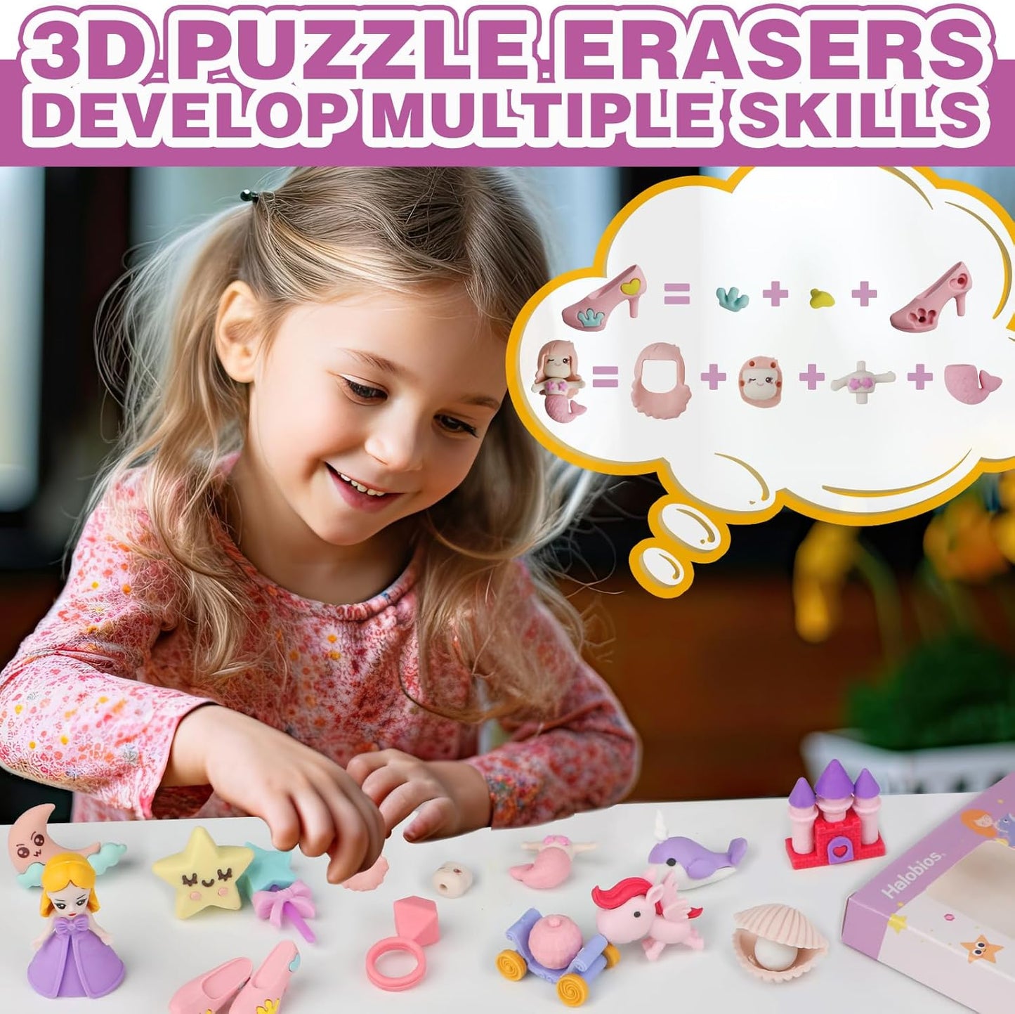 Erasers Set for Kids, Princess Castle Pencil Eraser Bulk for Kids, Take Apart Puzzle Erasers for Classroom Prizes, Game Reward, Egg Fillers, Back to School Gift for Boys and Girls Desk Pets