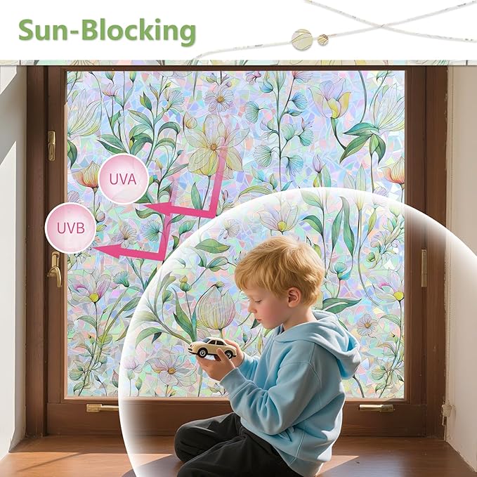 FINNEZ Window Privacy Film Stain Glass Film Flowers Rainbow Window Film Window Clings Non-Adhesive Reusable Decorative for Home（Forest Rainbow，45.2 Inch x 6.5 Feet）