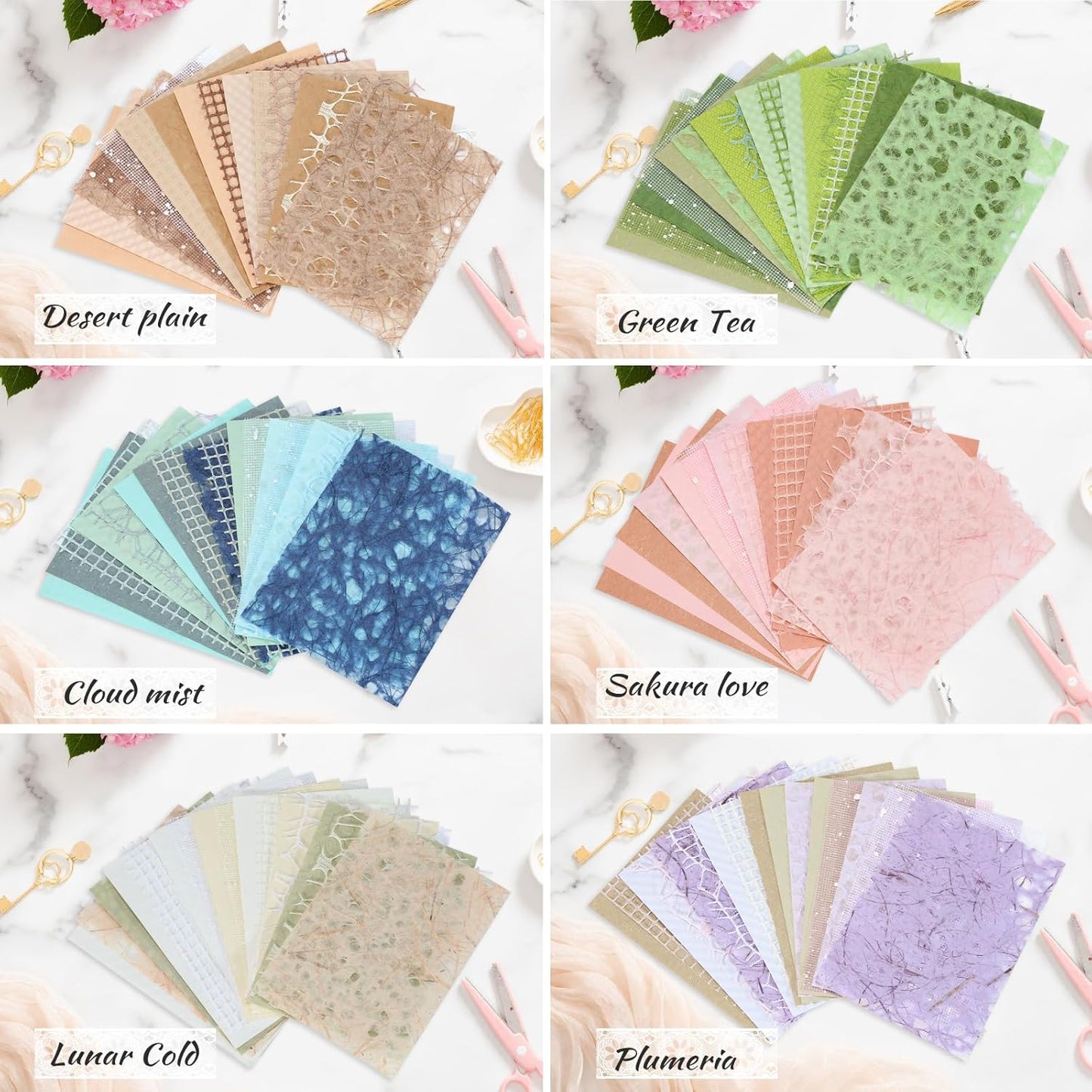 96 Sheets Textured Scrapbook Paper Set - 6 Color Themes, Assorted Mesh Fabric, Decoupage Paper for Junk Journals, Card Making, DIY Crafts (3.9x5.5 Inch)