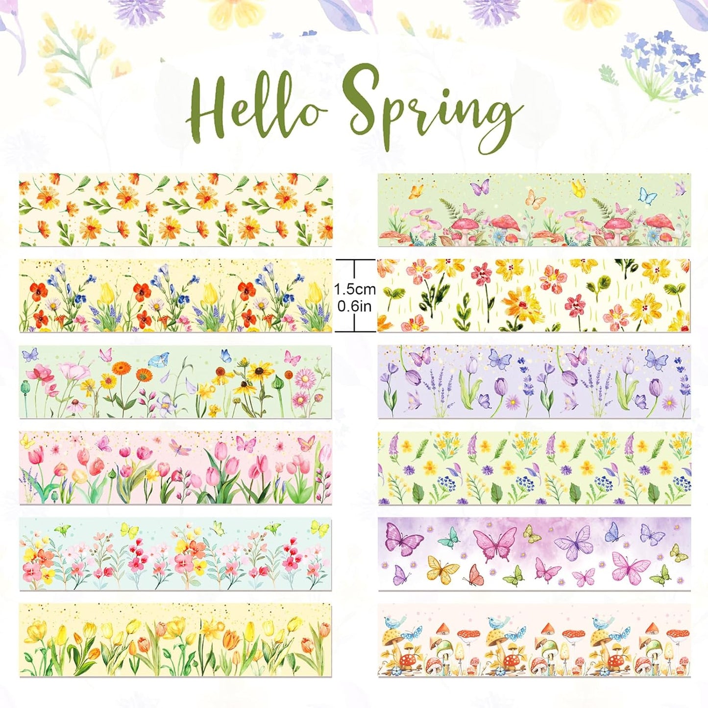 12 Rolls Spring Floral Washi Tape Set, Butterfly Tulip Flower Masking Tapes, Summer Decorative Paper Tape for Scrapbooking Journaling DIY Crafts Gift Packaging 16.4FT