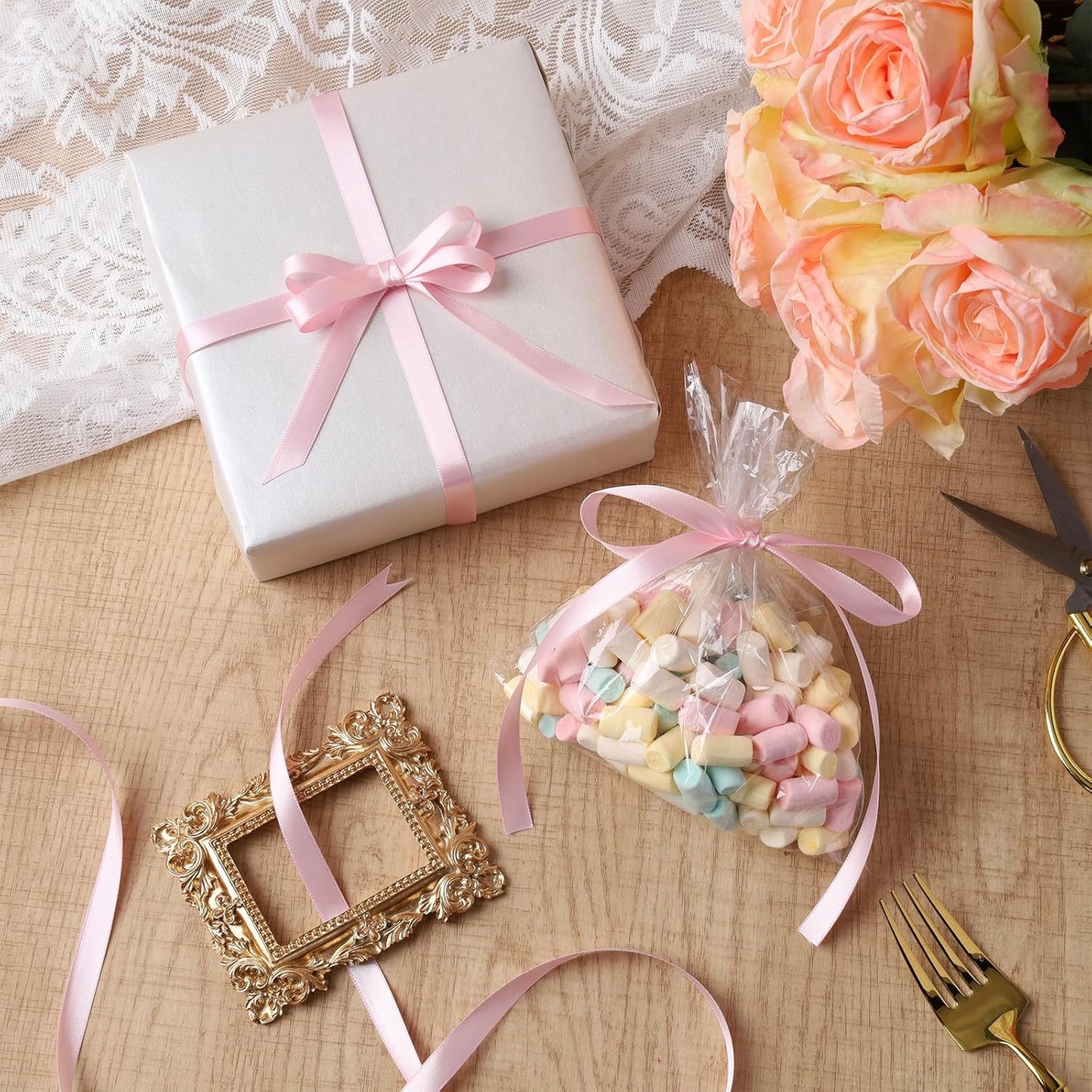 LaRibbons Light Pink Satin Ribbon 3/8 Inch 50 Yards Thin Luxury Double Faced Pink Silk Ribbon for Gift Wrapping Flower Bouquet Crafts Wedding BabyShower Decoration