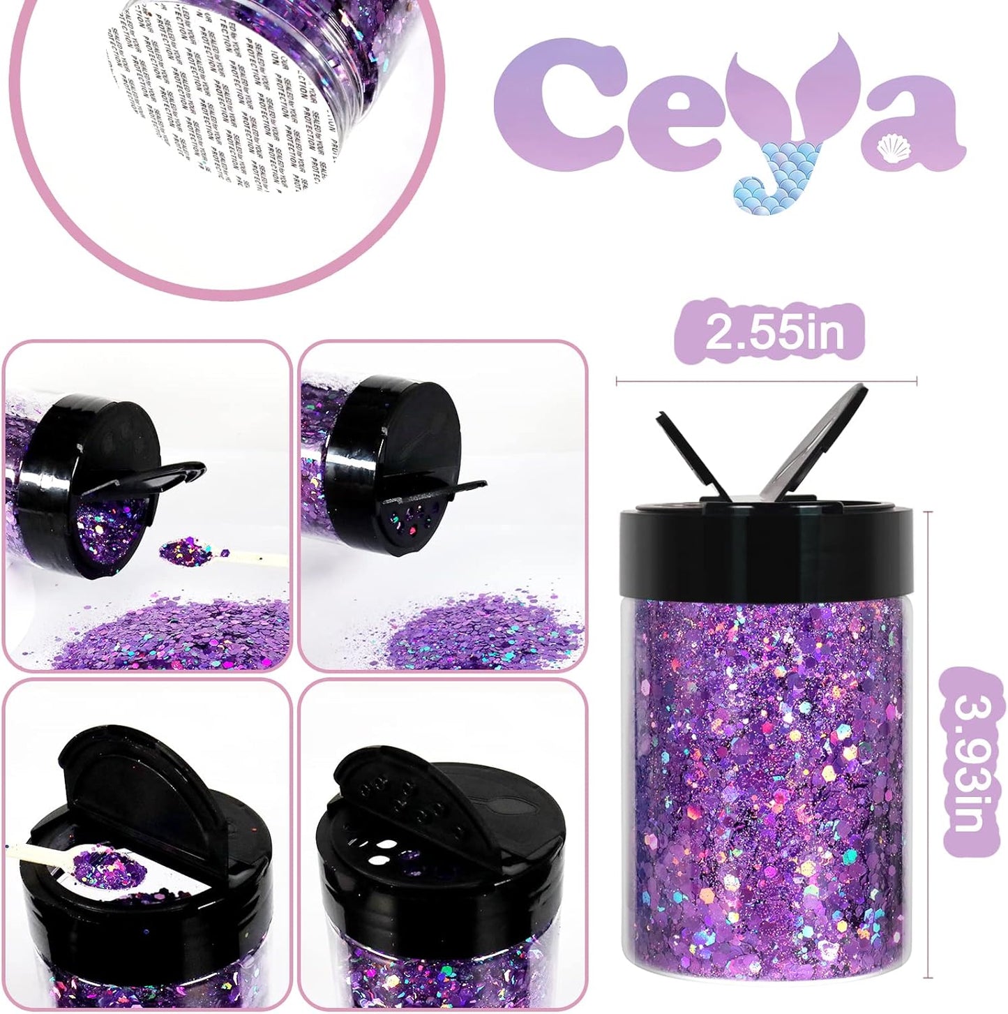 Ceya Holographic Chunky Glitter, 4.9oz/ 140g Light Purple Craft Glitter Powder Mixed Chunky & Fine Flakes Iridescent Nail Sequins for Nail, Hair, Epoxy Resin, Tumblers, Slime, Painting, Festival Decor