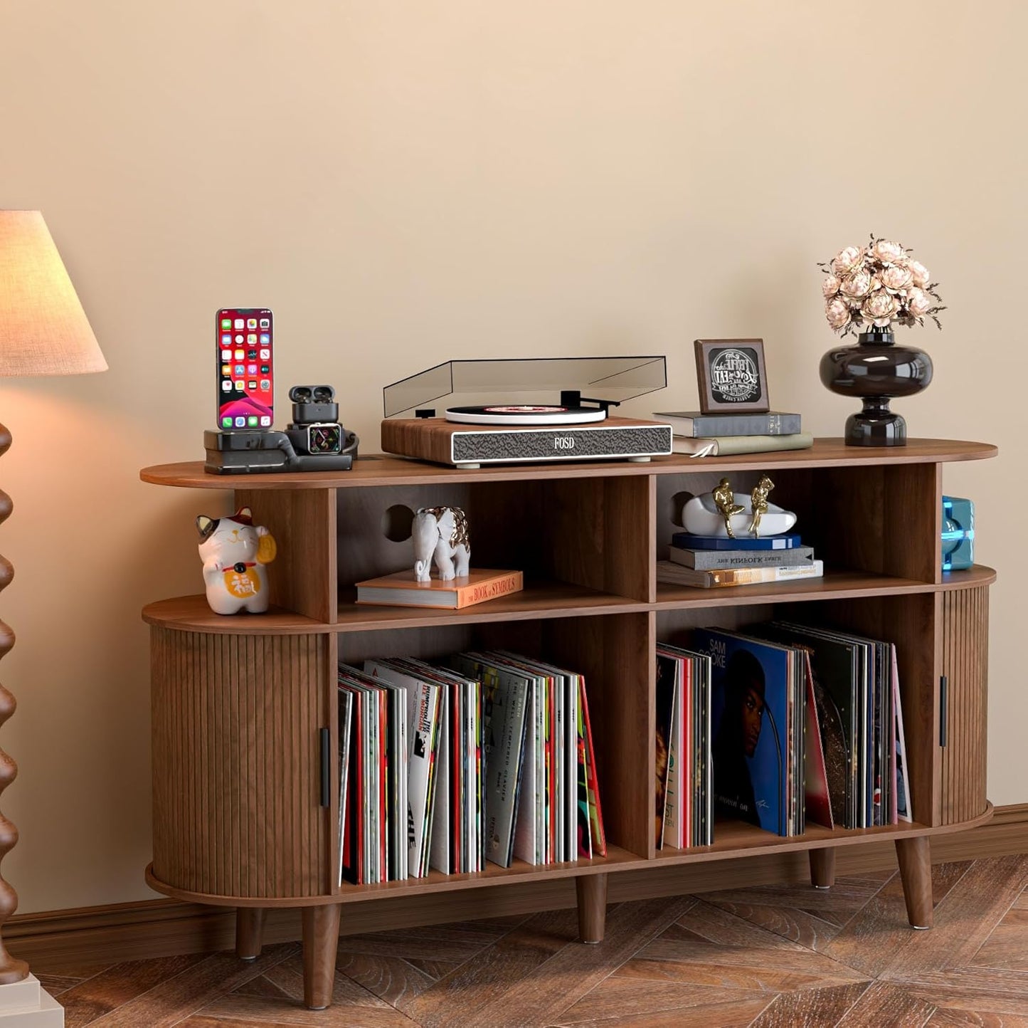 Large Round Record Player Stand with Charging Station & USB Ports，Record Storage Cabinet, Mid Century Modern Turntable Stand for Bedroom Living Room (Walnut)
