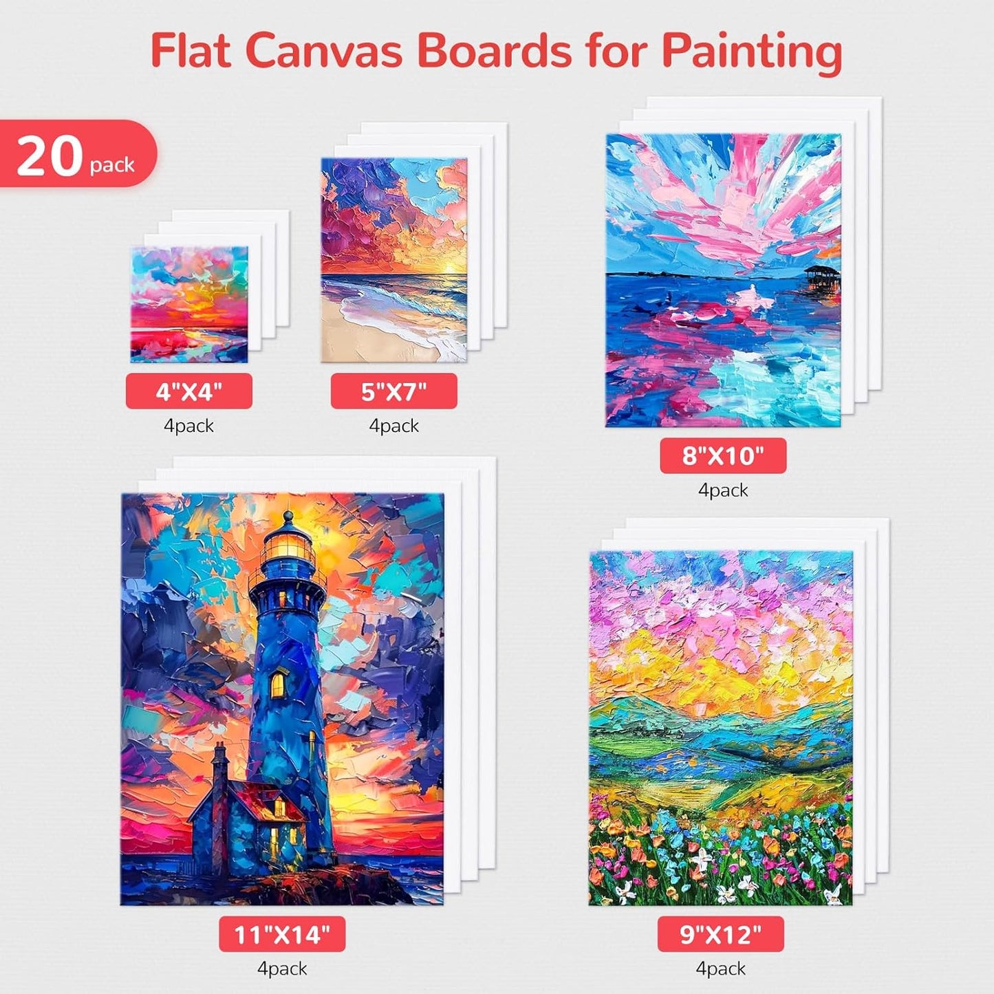 Canvas Boards for Painting 20 Pack, 4 of Each 4x4, 5x7, 8x10, 9x12,11x14 Primed White Art Canvas Panels for Acrylic, Oil Paint, Watercolor