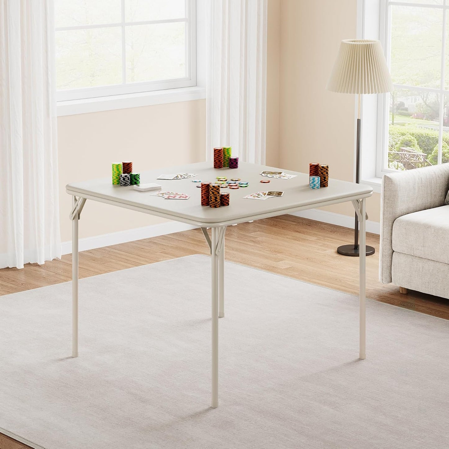 Folding Card Table, 34 Inch Portable Square Game Table with Collapsible Legs, Multifunctional Foladable Table with PU Padded Tabletop for Home, Parties, Picnics, Games, 1 Piece, Beige
