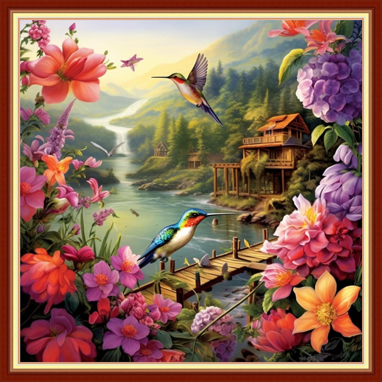 DMCVIVR Stamped Cross Stitch Kits for Adults Beginners Embroidery Kits 11CT Needlepoint Kits Cross Stitch Patterns Embroidery Patterns&Lake Hummingbird 18x18 inch