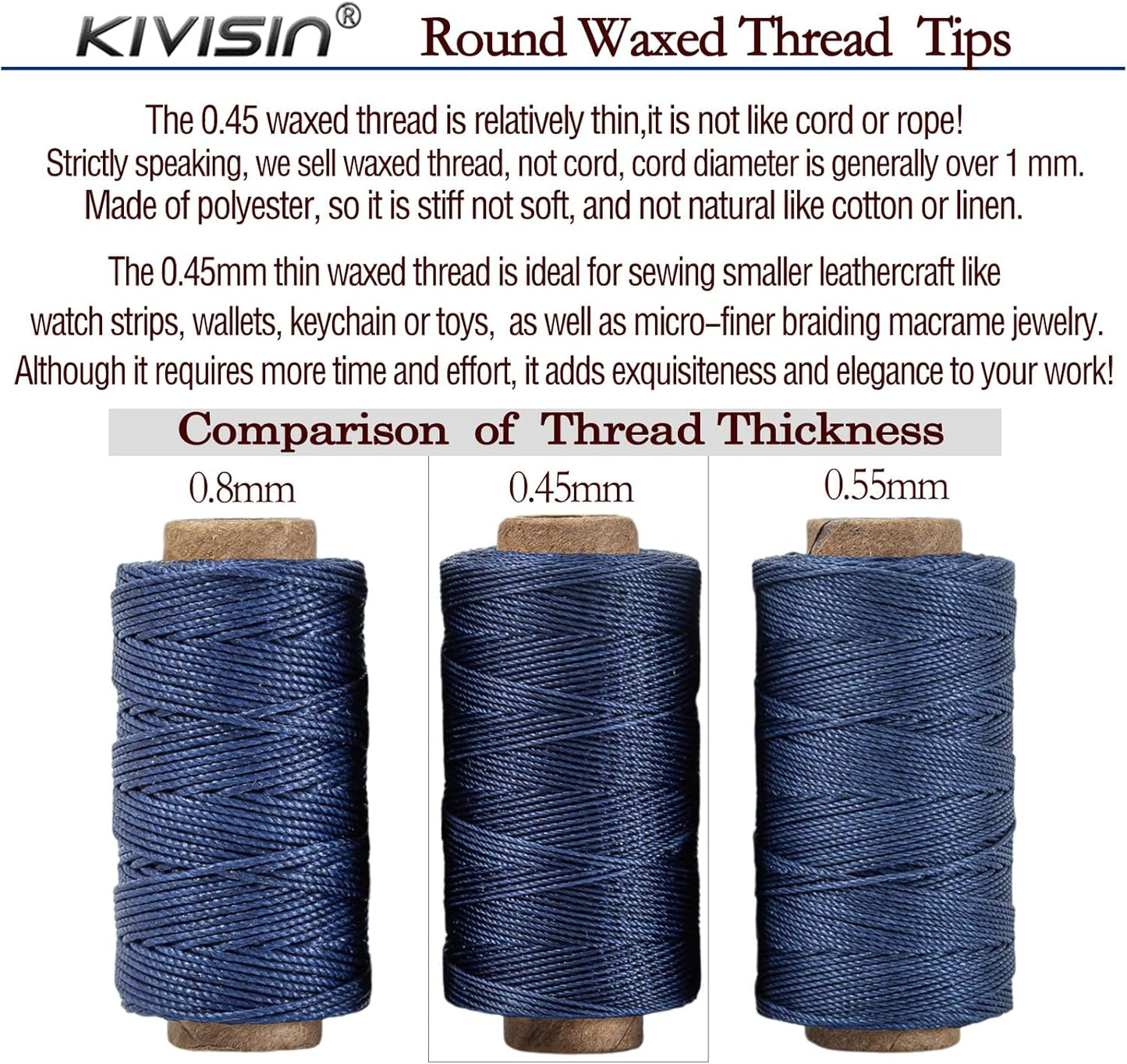 Round Waxed Thread 0.45mm 12 Neutral Colors, Thin Cord Wax Coated 3 Ply Polyester Strings 115 Yards/Spool for Leather Upholstery Sewing, Stitching, Bookbinding, Beading, Macrame Braiding