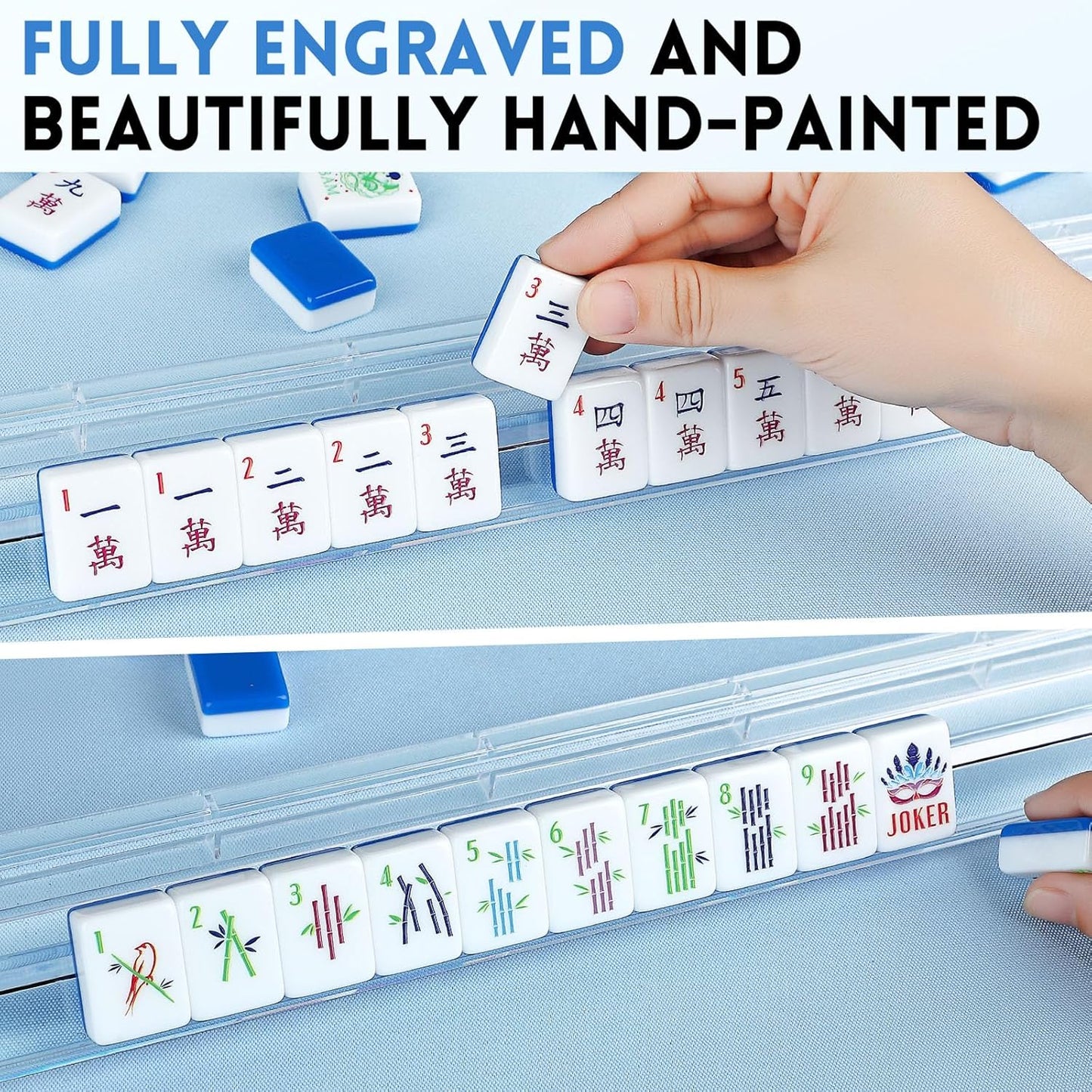 American Mahjong Tile Set,166 Tiles White Blue Acrylic Carving Tiles,Mahjong Game Set with Portable Travel case(Racks Not Included)