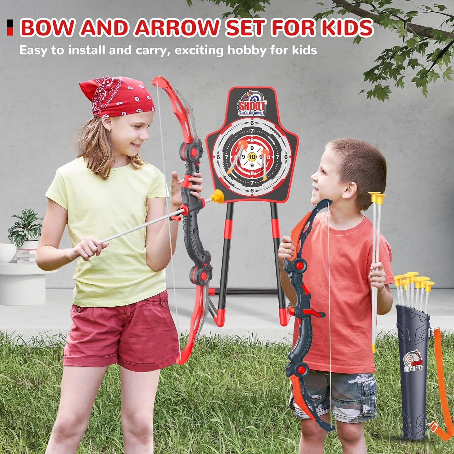 GMAOPHY 2 Pack Bow and Arrow Toy for 5 6 7 8 9 10 11 12 Year Old Boys, Birthday for Kids, Indoor Outdoor Sport Games Toys for Ages 4-8 8-12, LED Light Up Archery Set with 20 Toy Arrows (Red)
