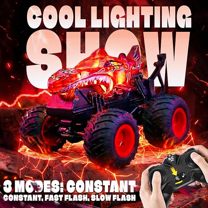 BEZGAR Monster Truck Toys - Remote Control Monster Truck with Light & Music, Dinosaur Toys for Kids, 1:20 Scale RC Truck with 360° Spins and Drifting, Remote Control Car for Boys 4-7 Red